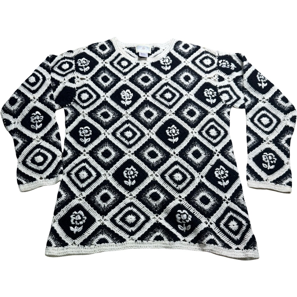 Vintage 90s Susan Bristol Casuals Crochet Sweater L Black White Cotton & Linen